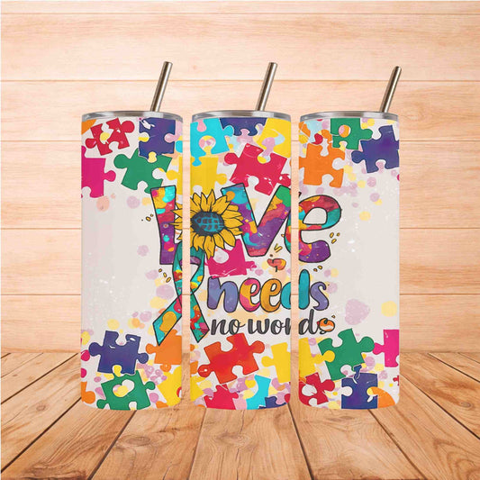 Autism Awareness Love Needs No Words Tumbler – 20oz Puzzle Piece Sunflower Cup