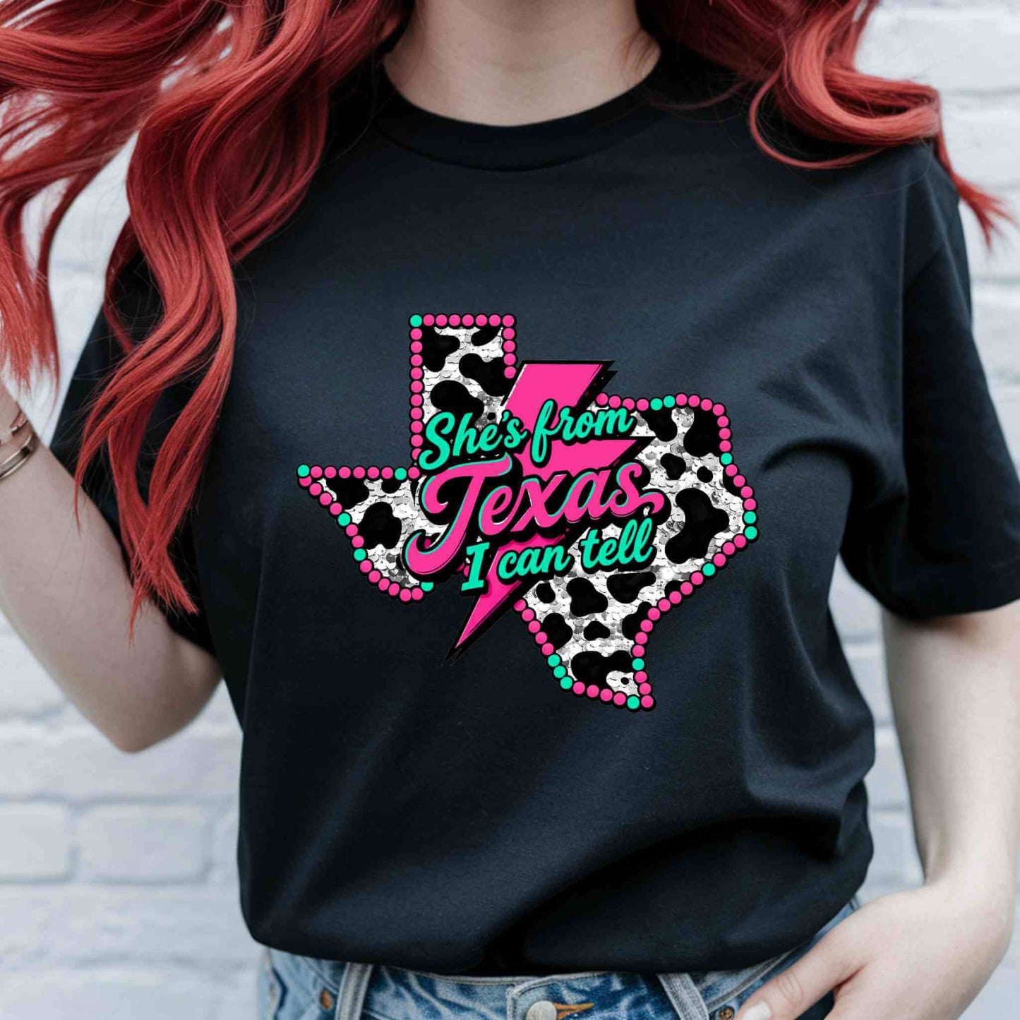 She’s From Texas I Can Tell Shirt – Cow Print Western Graphic Tee