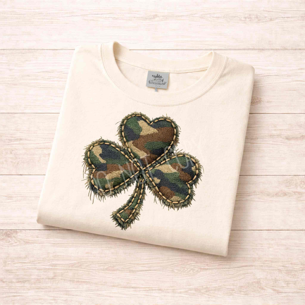 Rustic Camo Shamrock T-Shirt – St. Patrick’s Day Clover Shirt | Vintage Patch Style Shamrock Tee