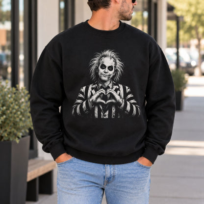 Black crewneck sweatshirt shown from behind with monochrome portrait graphic
