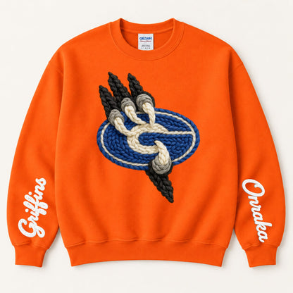 Orange crewneck sweatshirt with braided griffin emblem and 'Gateway' script on sleeves