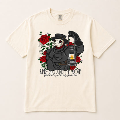 Cream crewneck graphic tee with plague doctor, red roses, and lantern front print