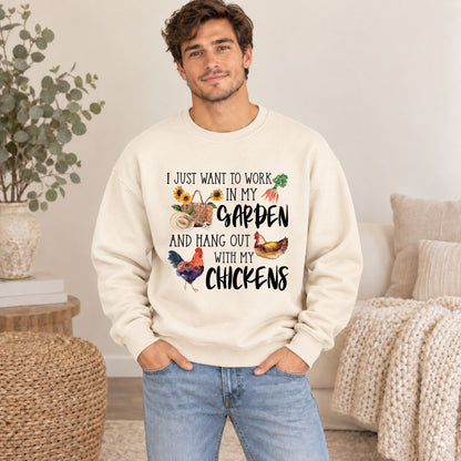 Cream crewneck sweatshirt with garden and chicken text graphic worn by man, long sleeves.