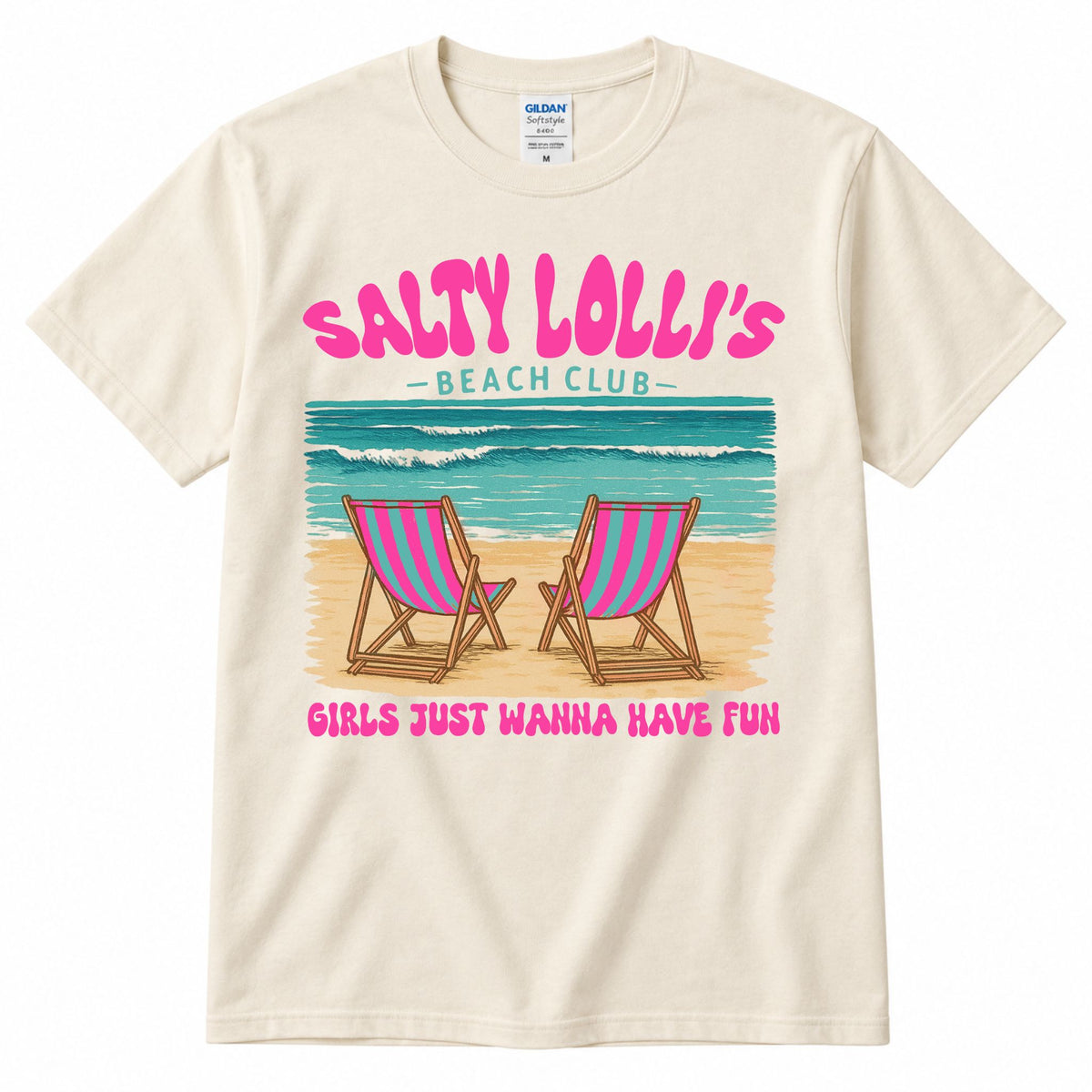 Cream graphic t-shirt with "SALTY LOLLI'S" beach club print and lounge chair graphic