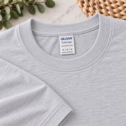 Heather gray T-shirt close-up showing Gildan Softstyle neck label