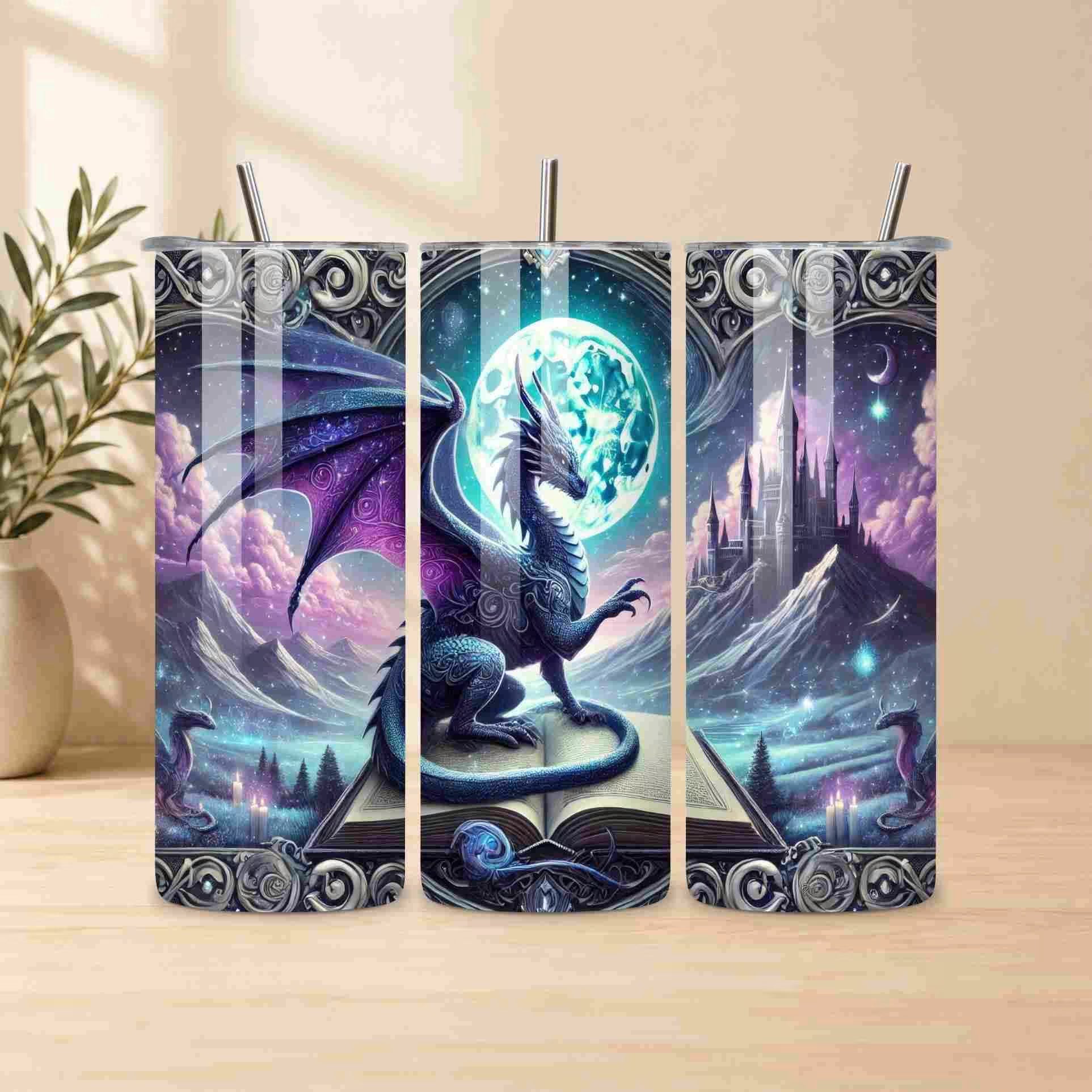 Three-panel artwork of a dragon on an open book with a fantasy landscape.