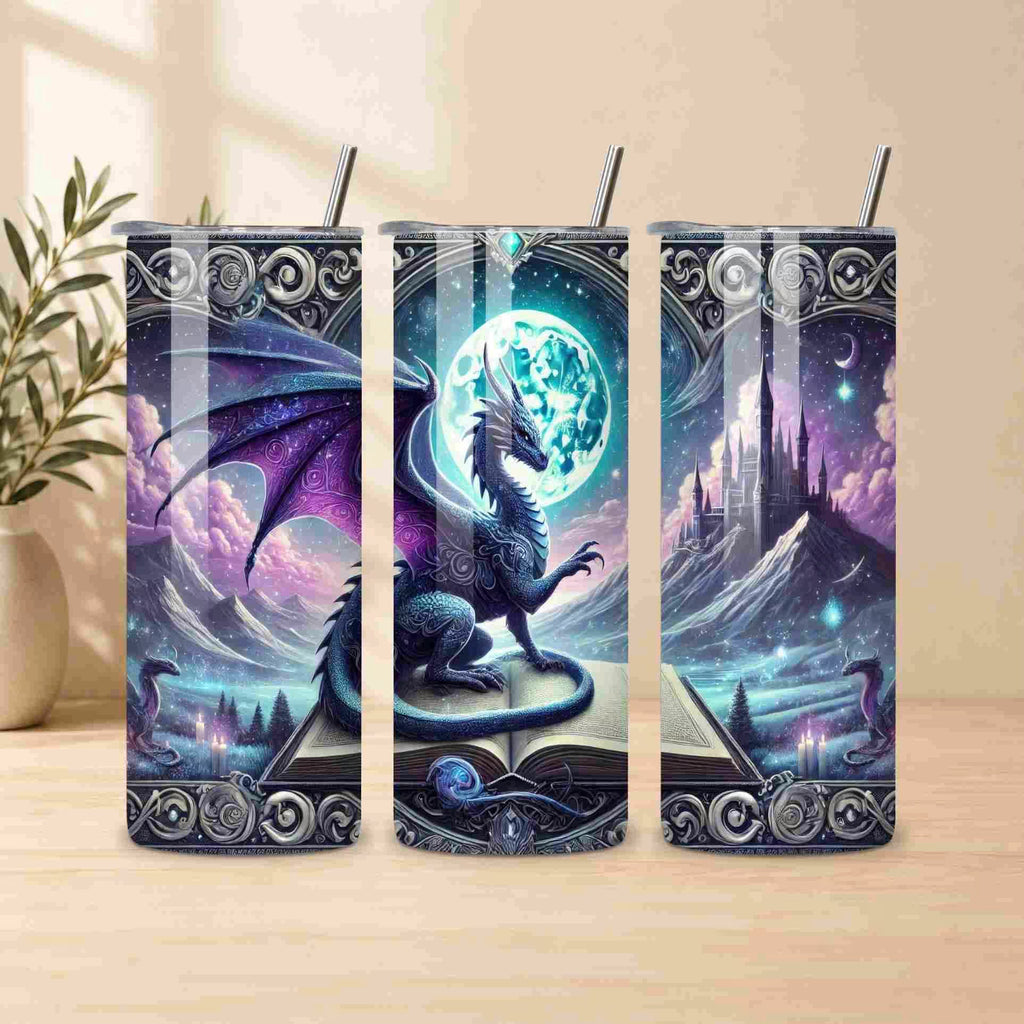 Three dragon-themed tumblers on a wooden surface with a plant in the background