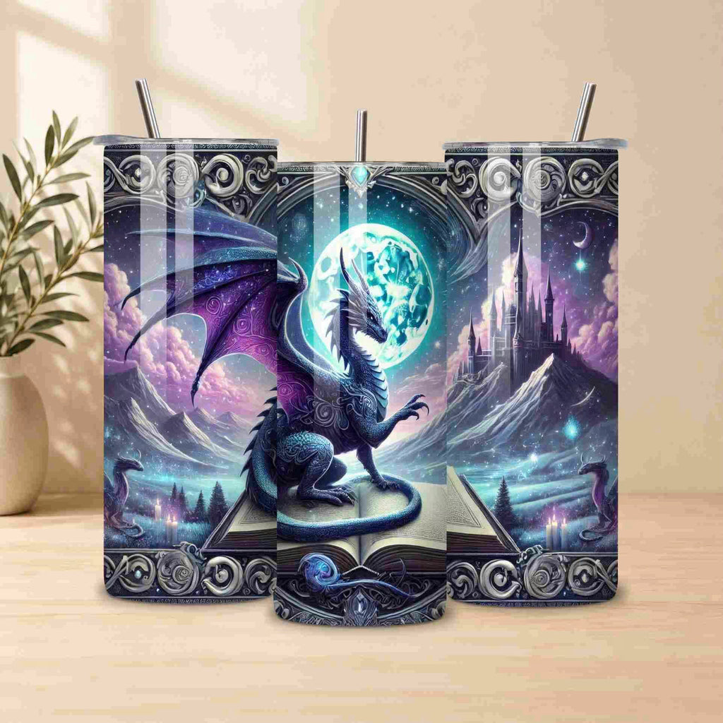 Tumbler with dragon and fantasy design on a wooden surface