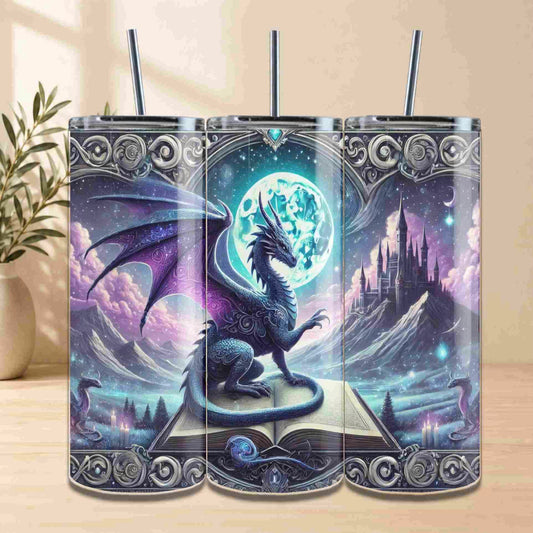 Tumbler with dragon design featuring a castle and moon in the background