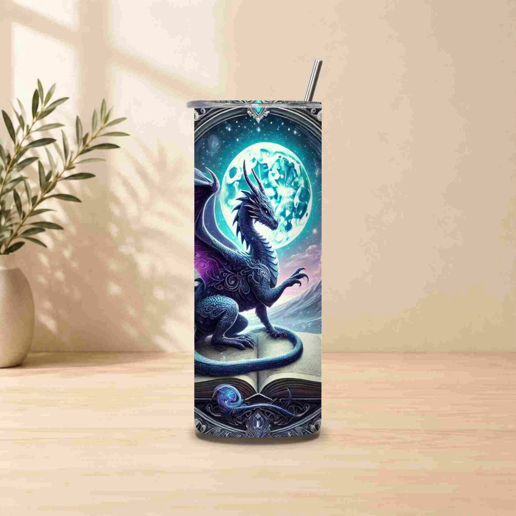 Tumbler with dragon design on a wooden surface with a plant in the background