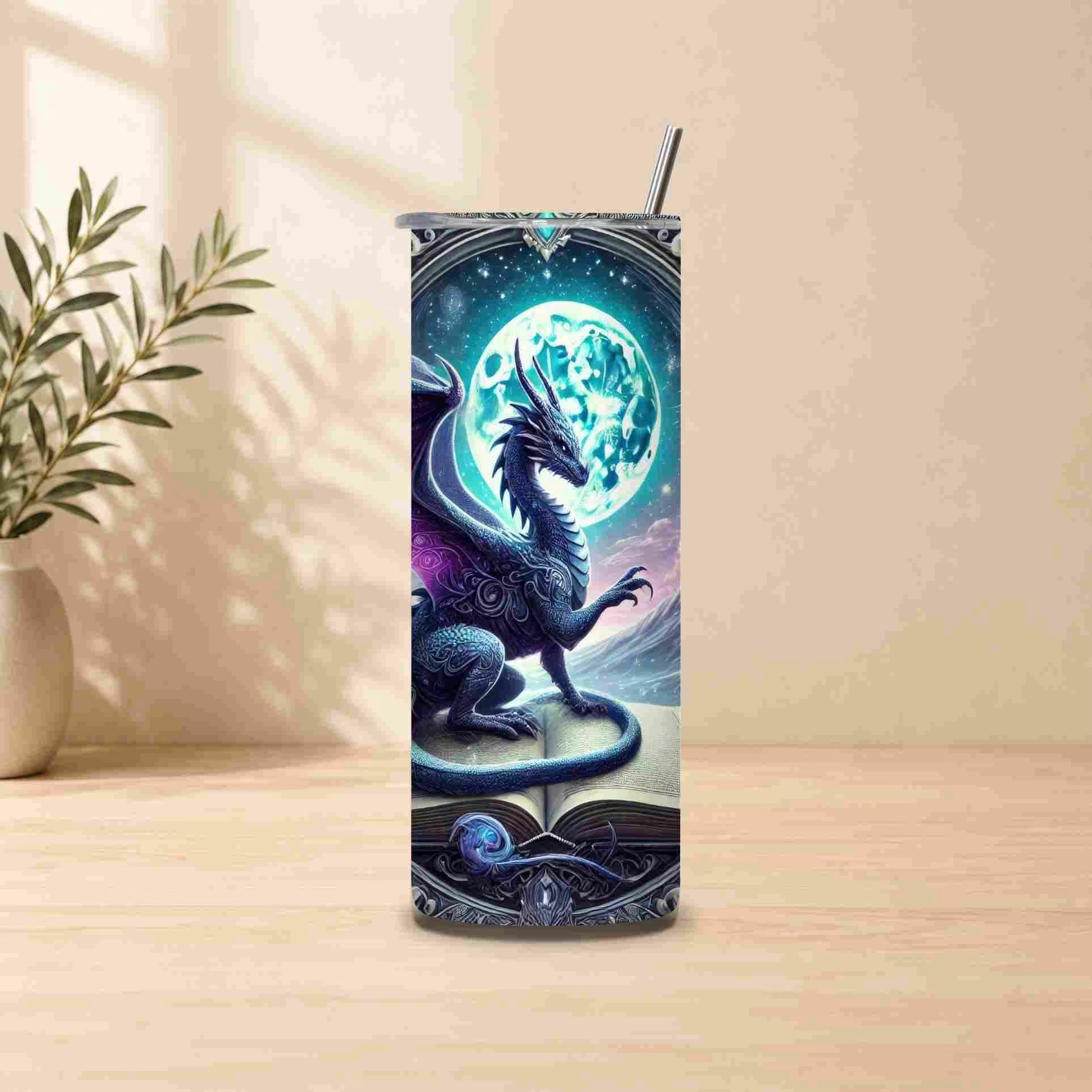Tumbler with dragon design on a wooden surface with a plant in the background