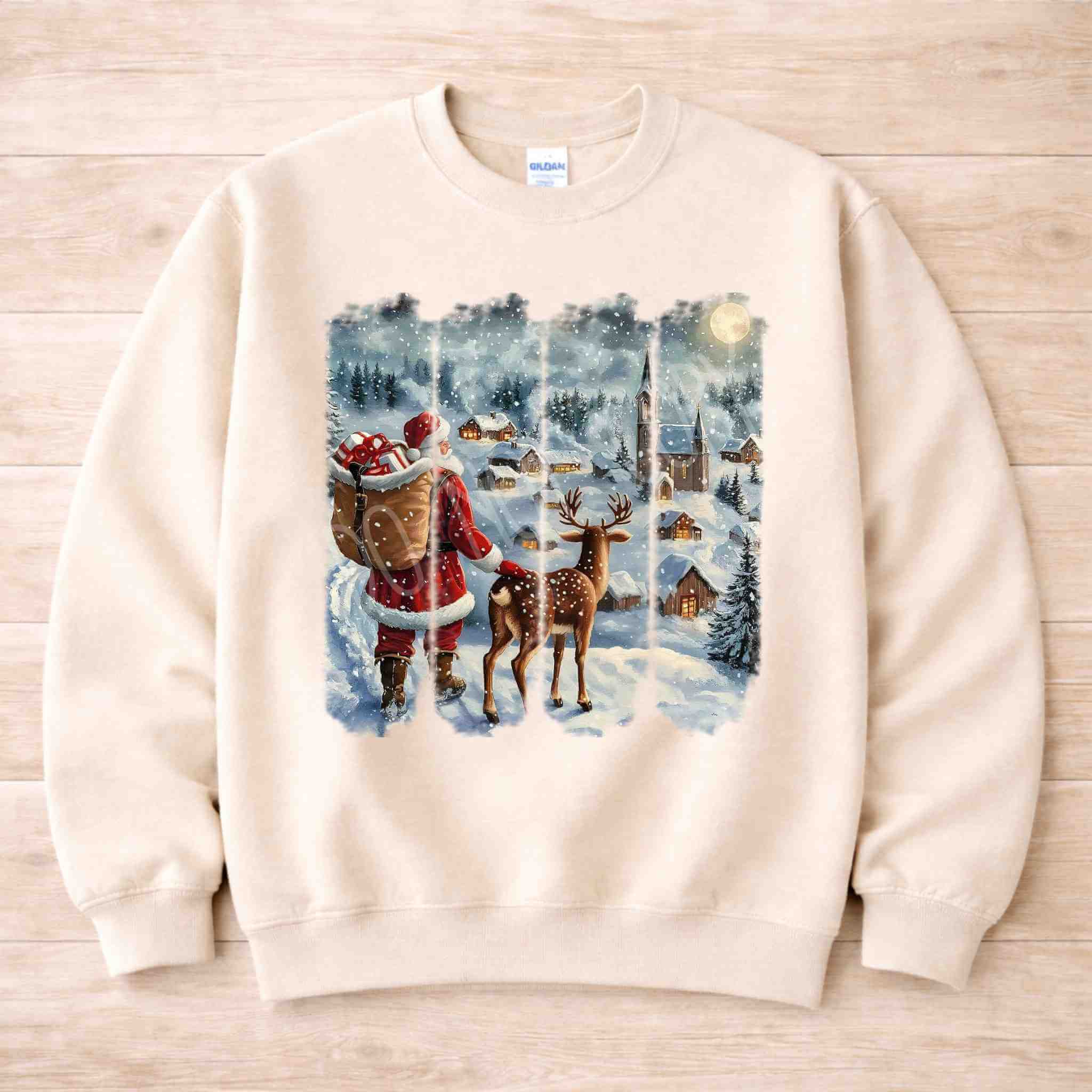 Santa and Reindeer Christmas Village Sweatshirt featuring a winter scene with Santa and a reindeer in a snowy village.
