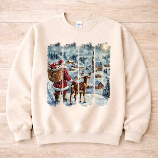 Santa and Reindeer Christmas Village Sweatshirt featuring a winter scene with Santa and a reindeer in a snowy village.