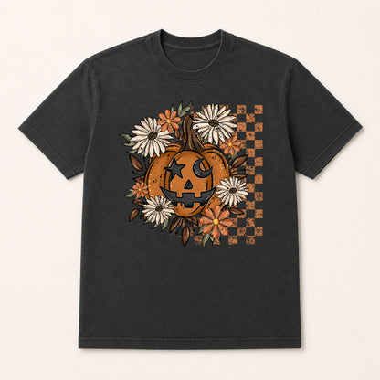 Dark gray short-sleeve T-shirt with orange jack-o'-lantern and floral wreath front print