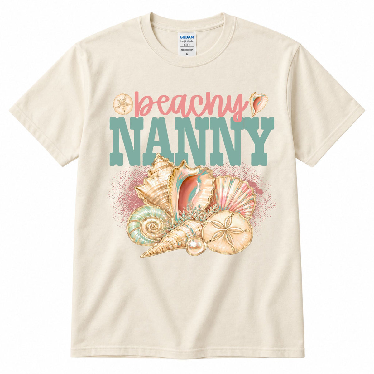 Cream crewneck graphic T-shirt with “beachy” and “NANNY” shell artwork