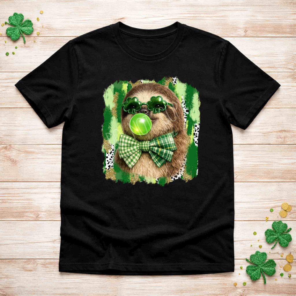 St. Patricks Day sloth shirt featuring a cute sloth with shamrock glasses and a green bow on a festive background.