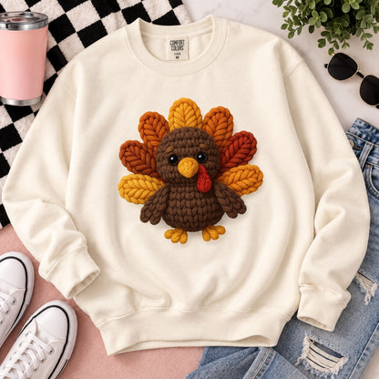 Cream sweatshirt laid flat with knitted turkey appliqué; paired with jeans and sneakers.