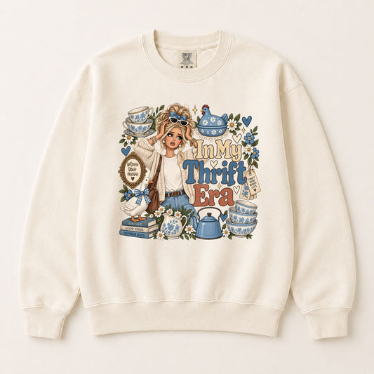Cream graphic sweatshirt with long sleeves and 'In My Thrift Era' front print