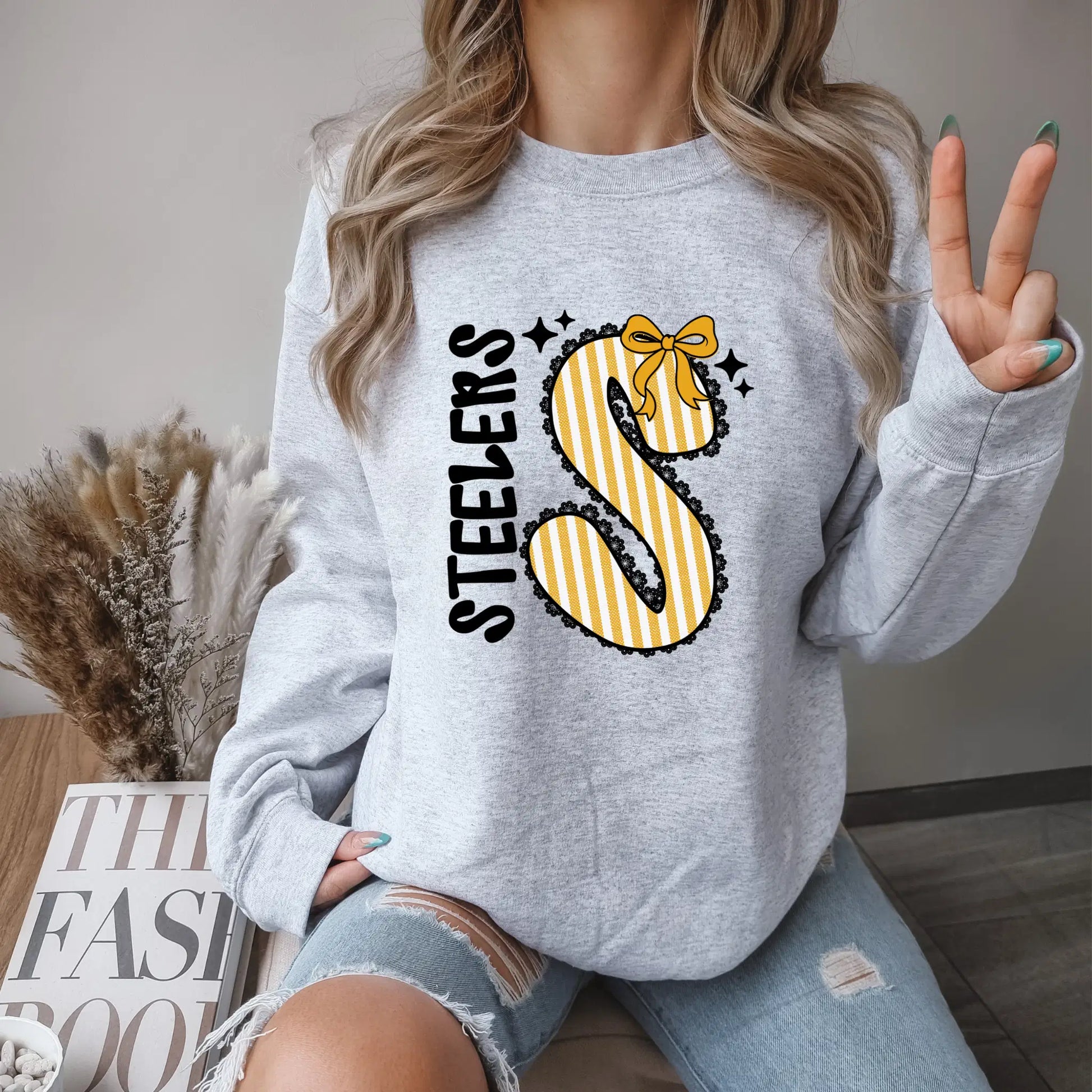 Steelers Seersucker Sweatshirt: Grey NFL Game Day Oversized Unisex Crewneck