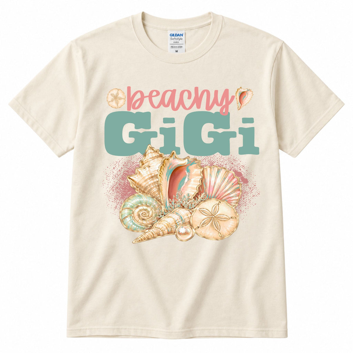 Cream crewneck graphic T-shirt with “beachy” and “GiGi” shell artwork