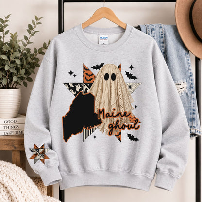 Light gray crewneck sweatshirt with Maine ghoul state graphic and burlap ghost hood