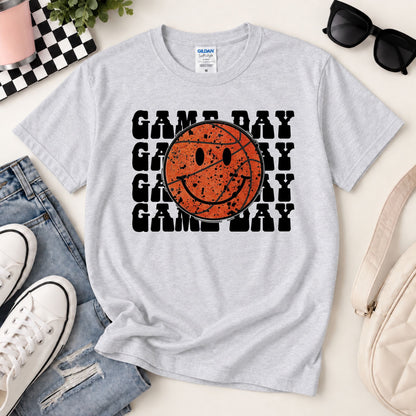 Heather gray crewneck T-shirt with orange basketball smiley and black GAME DAY lettering