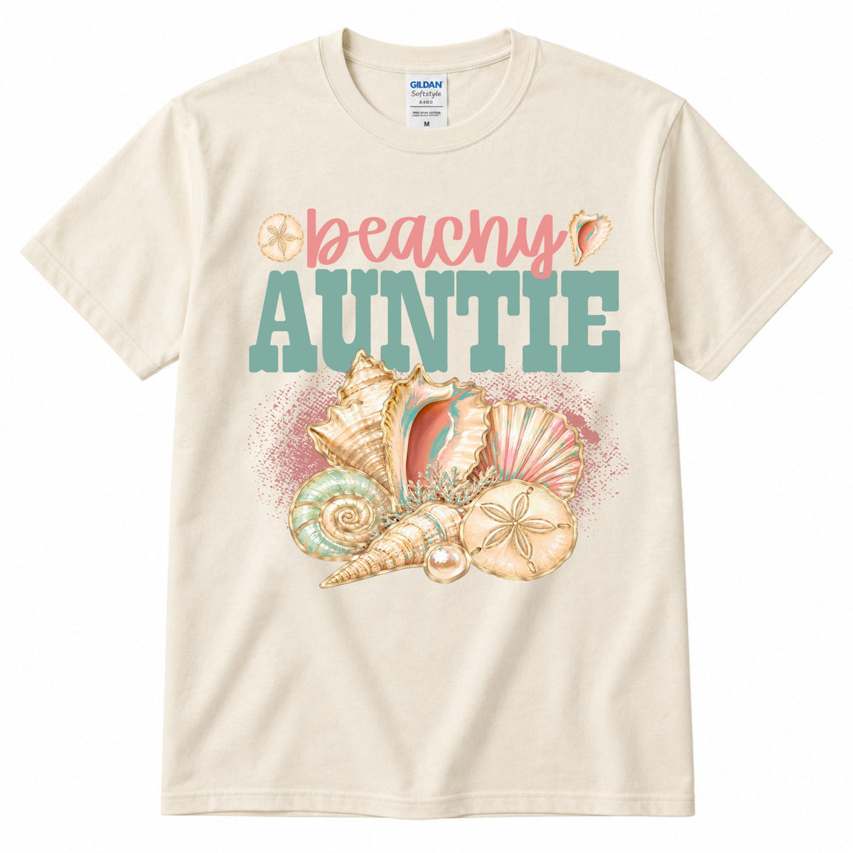 Cream crewneck graphic T-shirt with “beachy” and “AUNTIE” shell artwork