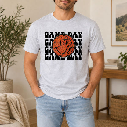 Heather gray T-shirt with orange basketball smiley and black 'GAME DAY' graphic