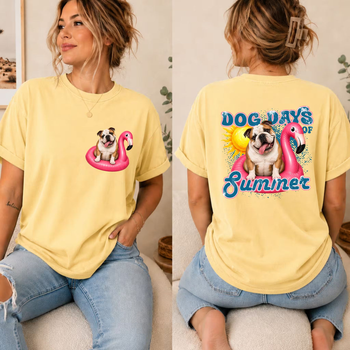 Yellow graphic dog summer t-shirt with white dog on pink pool float, rear "SUMMER"