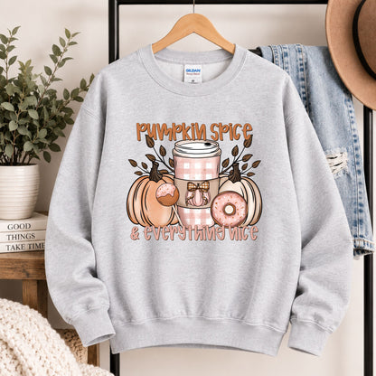 Light gray sweatshirt on hanger with pumpkin spice and everything nice front design