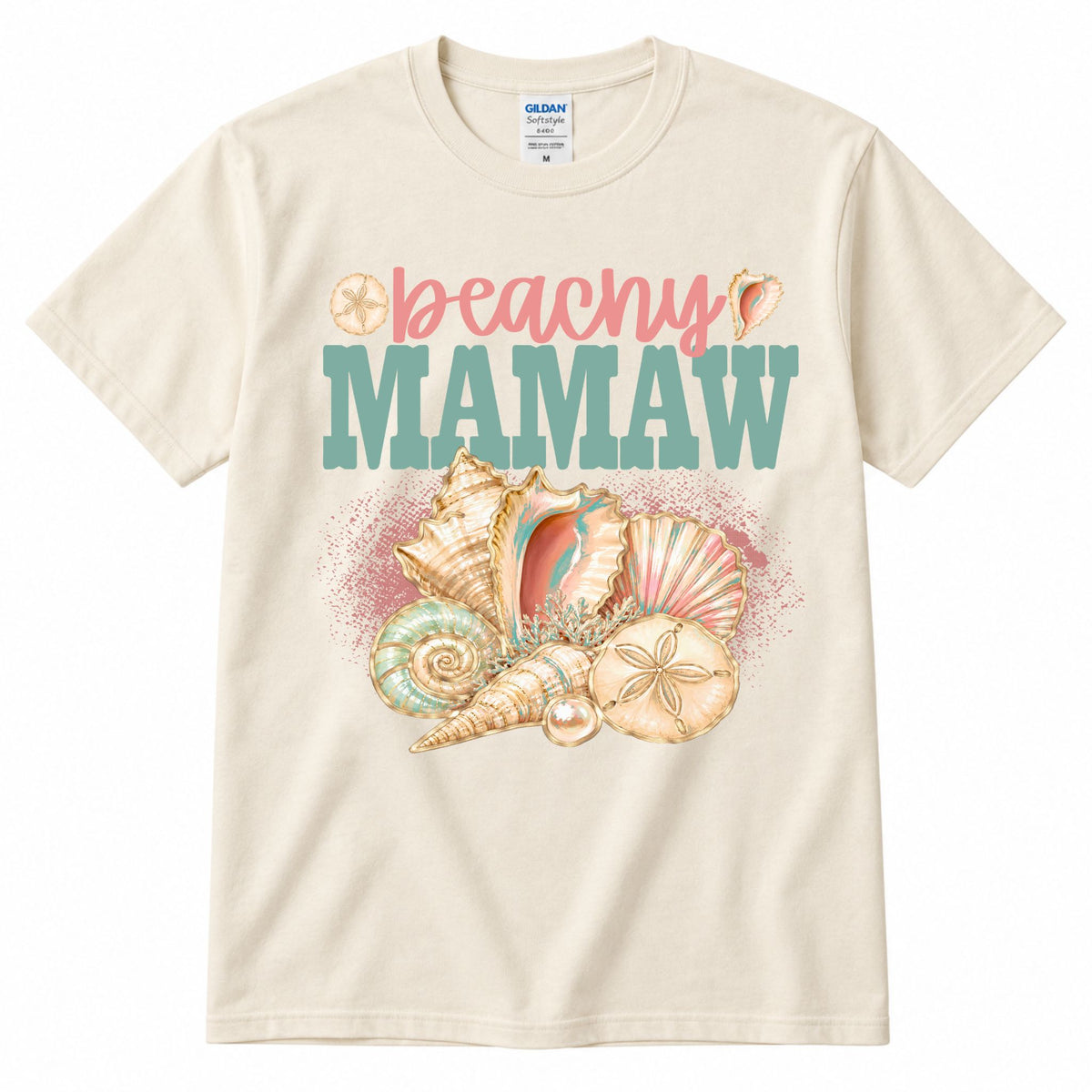 Cream crewneck graphic T-shirt with “beachy” and “MAMA W” shell artwork