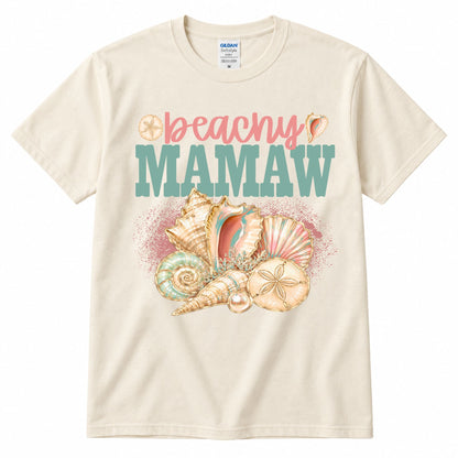 Cream crewneck graphic T-shirt with “beachy” and “MAMA W” shell artwork