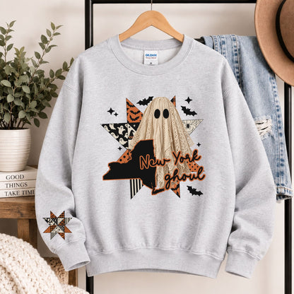 Light gray crewneck sweatshirt with hooded ghost and New York ghoul graphic