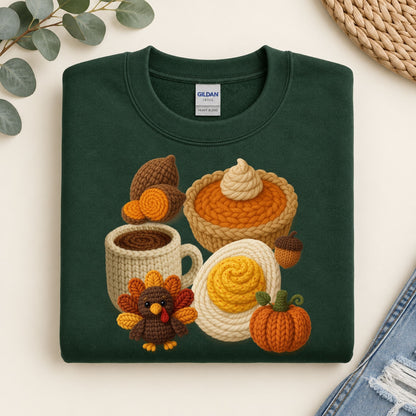 Green crewneck sweatshirt with Gildan label and crocheted Thanksgiving graphic of mug and turkey