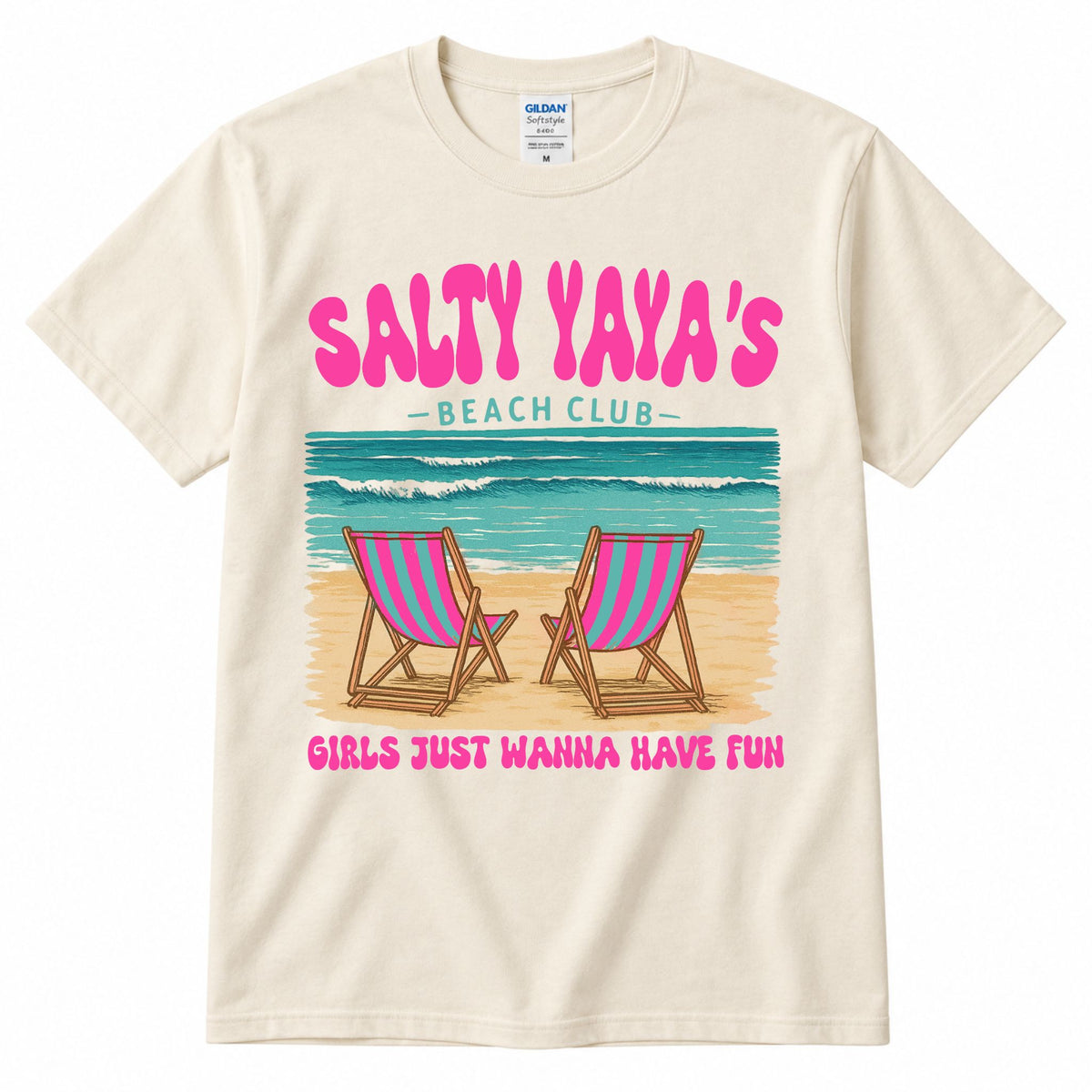 Cream graphic t-shirt with "SALTY YAYA'S" beach club print and two pink striped chairs