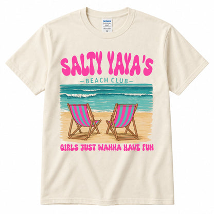 Cream graphic t-shirt with "SALTY YAYA'S" beach club print and two pink striped chairs