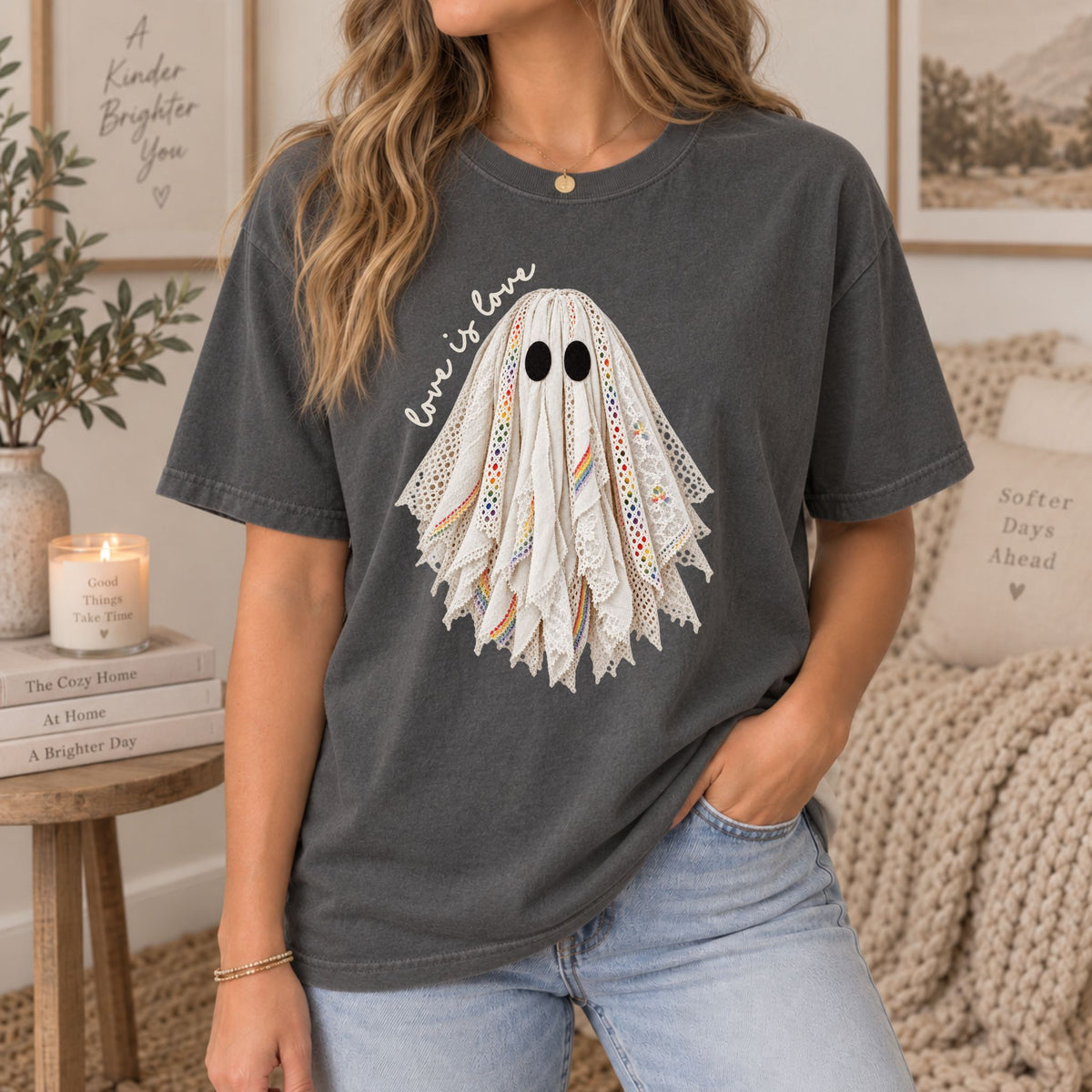 Dark gray graphic tee with layered lace ghost face print and crew neck