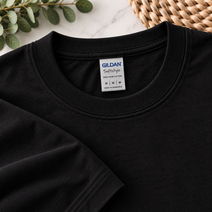 Black crewneck T-shirt with Gildan Softstyle neck label