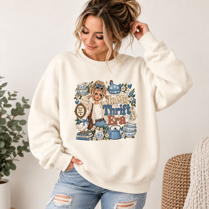 Cream graphic sweatshirt with long sleeves and front 'In My Thrift Era' design