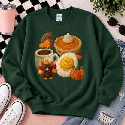 Green crewneck sweatshirt with crocheted Thanksgiving graphic: pumpkins, mug, pie, and turkey