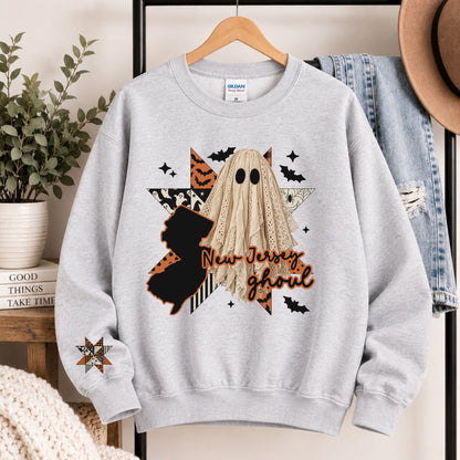 Light gray crewneck sweatshirt with New Jersey ghoul state graphic and burlap ghost hood