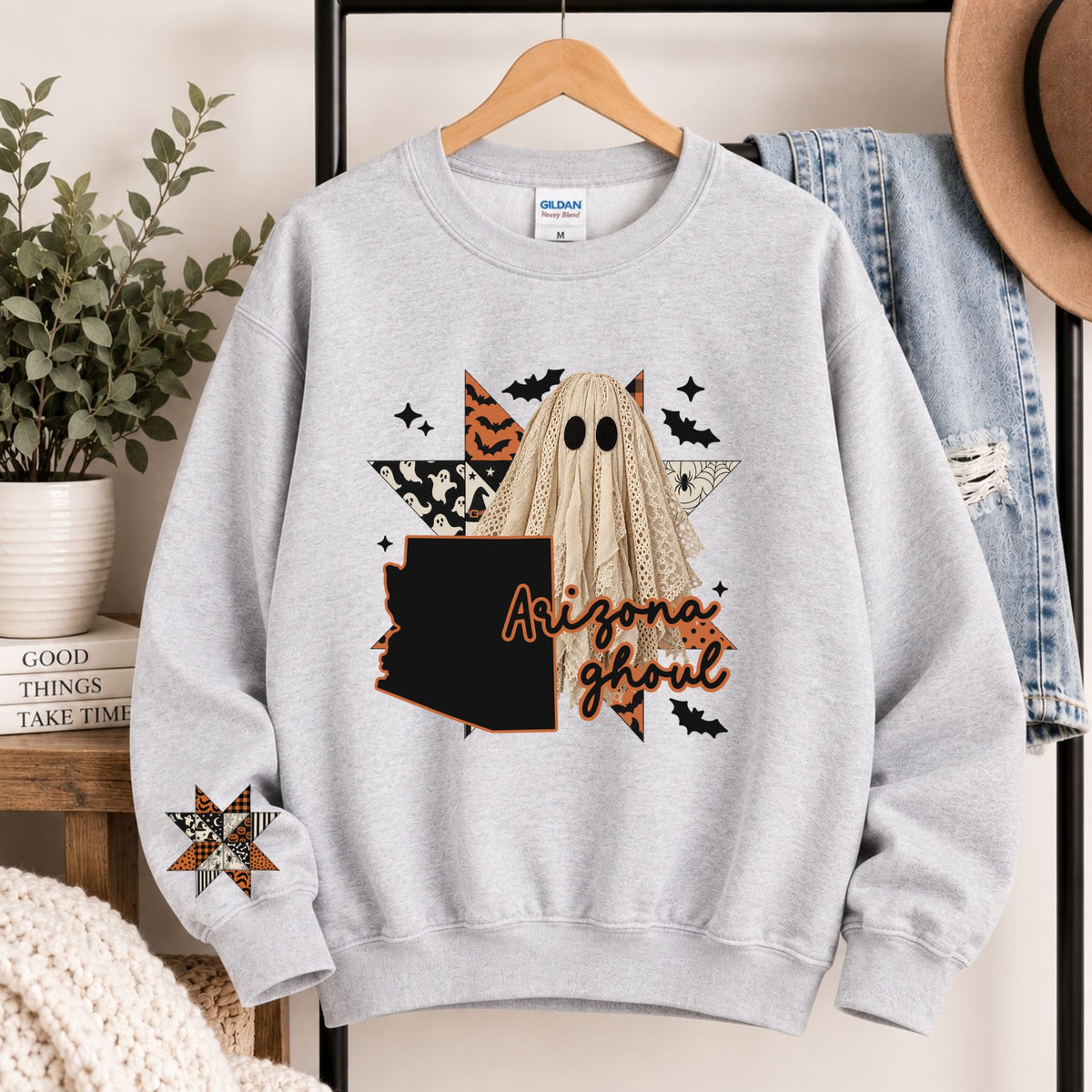 Light gray crewneck sweatshirt with Arizona state ghost Halloween graphic
