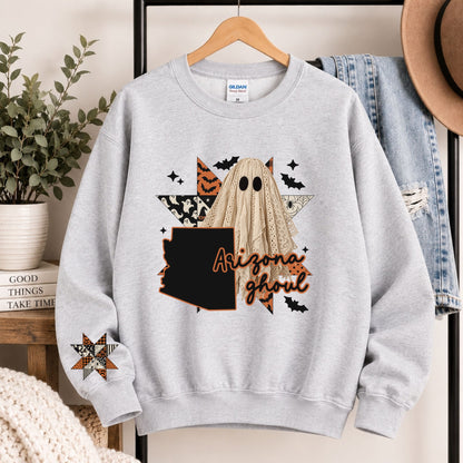 Light gray crewneck sweatshirt with Arizona state ghost Halloween graphic