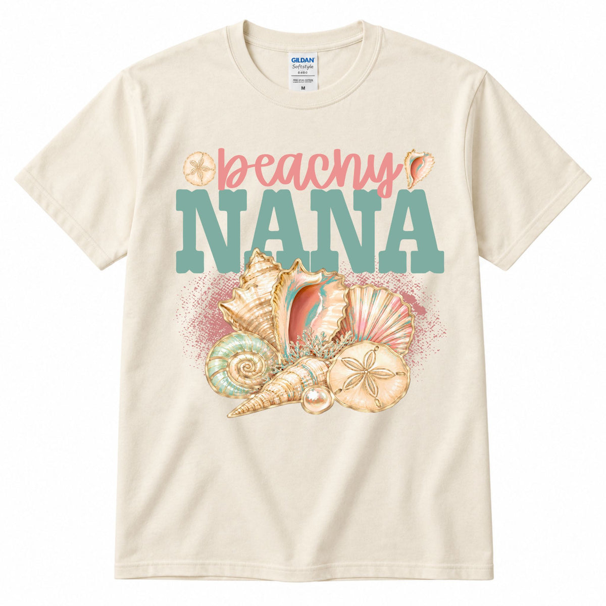 Cream crewneck graphic T-shirt with “beachy” and “NANA” shell artwork