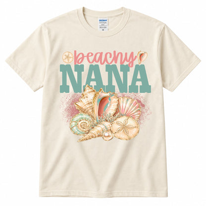 Cream crewneck graphic T-shirt with “beachy” and “NANA” shell artwork