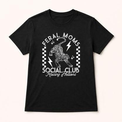 Black graphic T-shirt with cat profile, checkerboard text, and “Raising Hellions” print