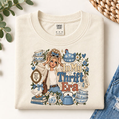 Cream graphic sweatshirt with crew neck and front 'In My Thrift Era' illustration