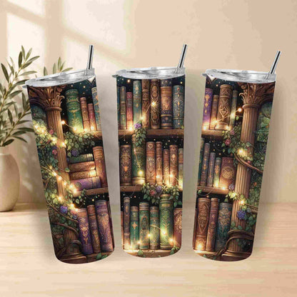 Three tumbler with bookshelf design on a light wooden surface.