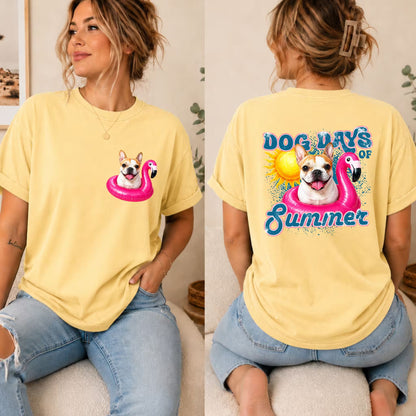 Yellow graphic dog summer t-shirt with tan-and-white dog on pink pool float, rear "SUMMER"