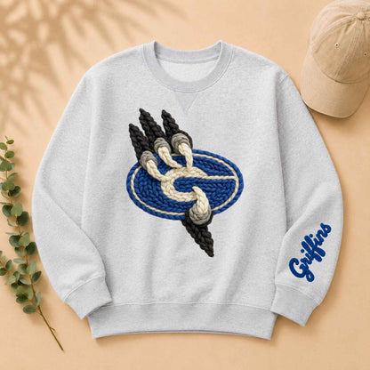 Light gray sweatshirt with braided griffin emblem in blue and white, black accents